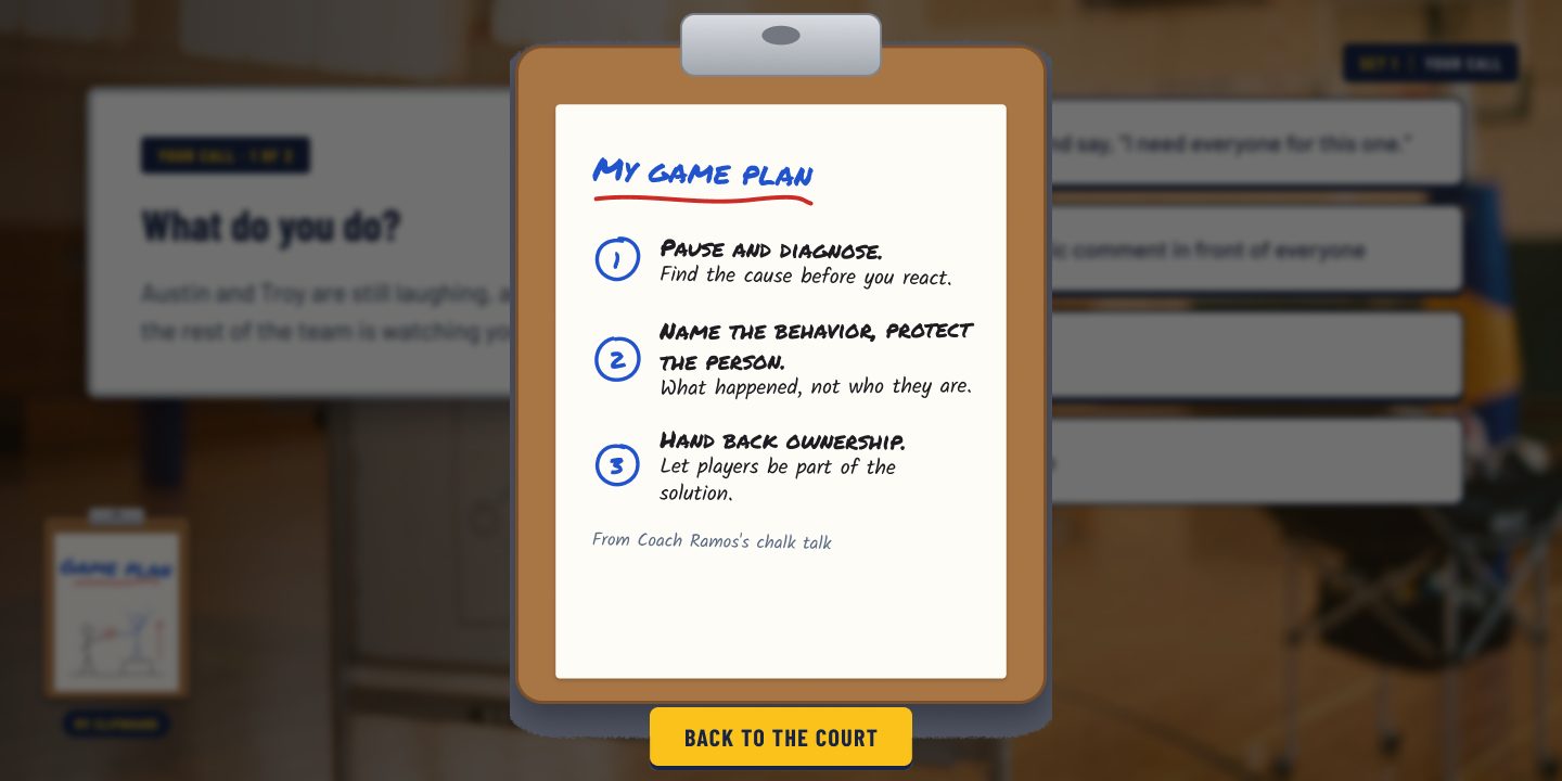 The My game plan clipboard opened over a decision screen