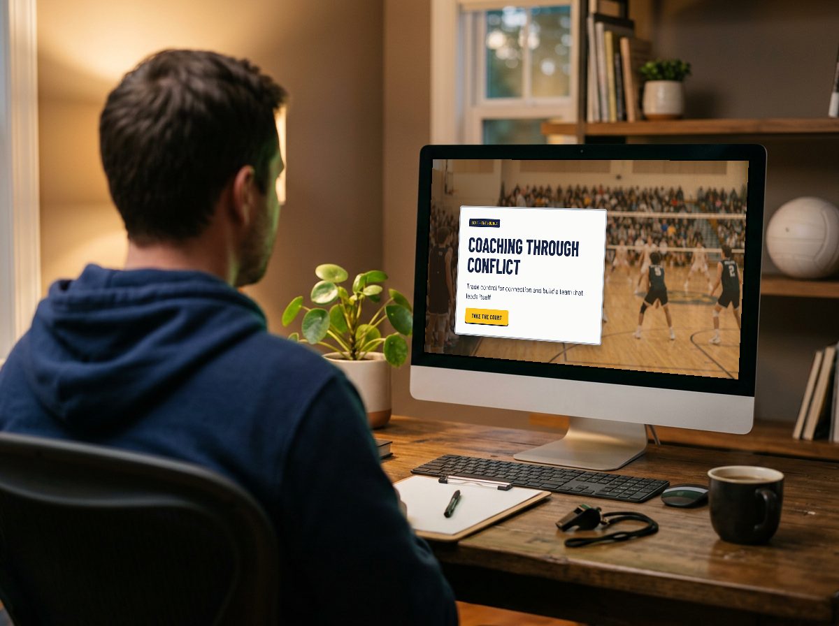 A coach at a home desk with the module's title screen on the monitor
