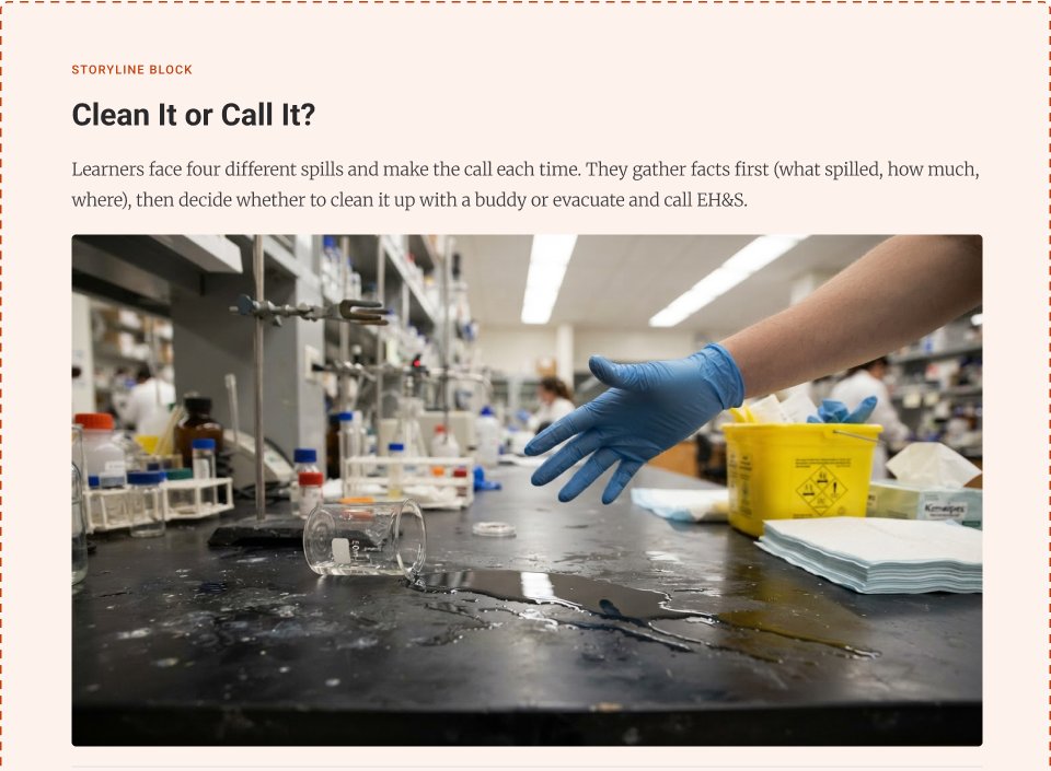 The Clean It or Call It? interaction with a spill on a lab bench