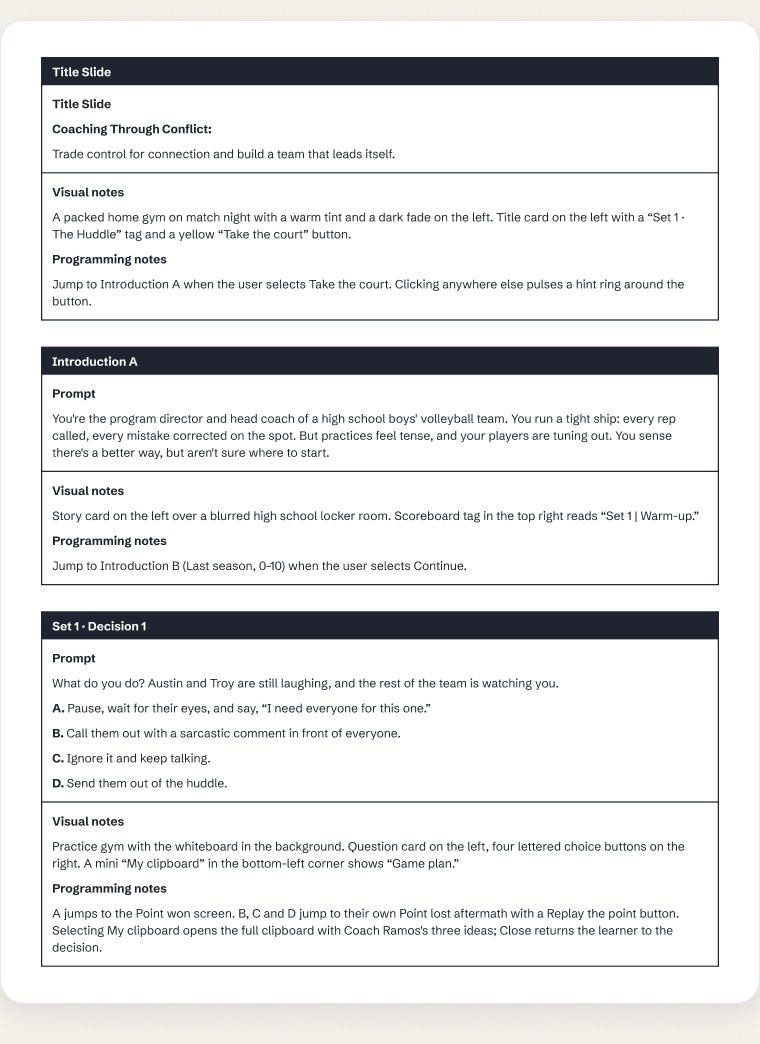 Storyboard tables for the title slide, Introduction A and Set 1 Decision 1