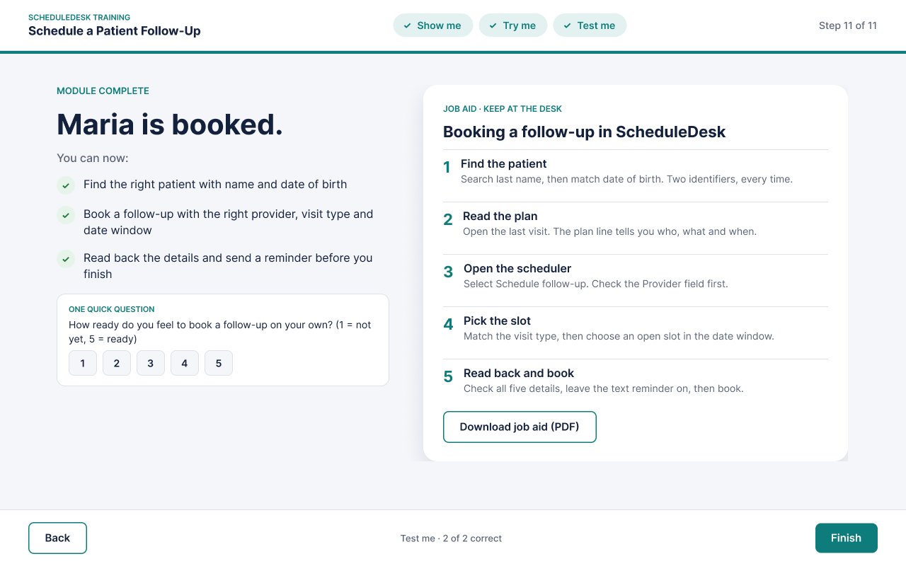 Wrap-up screen with objectives recap, readiness check and five-step job aid
