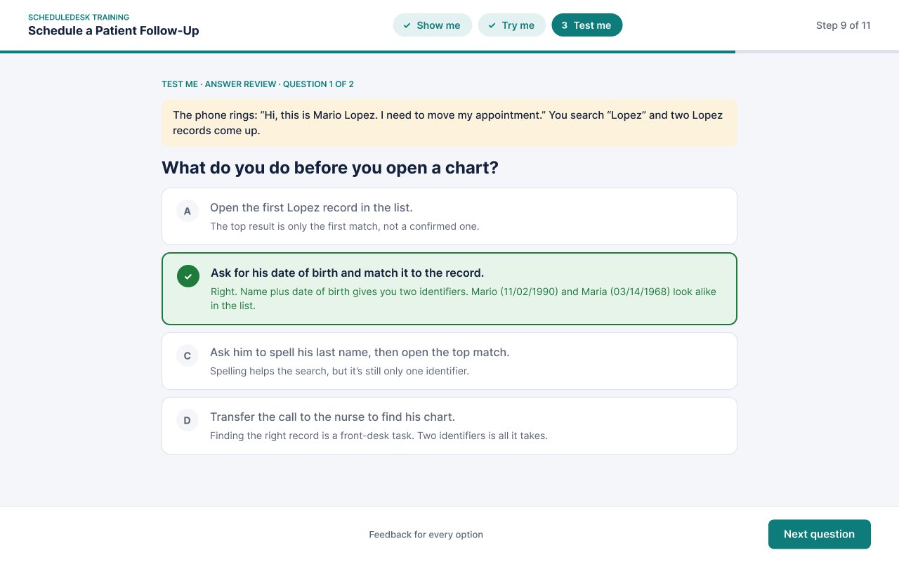 Test me answer review with the correct option highlighted and feedback for every option