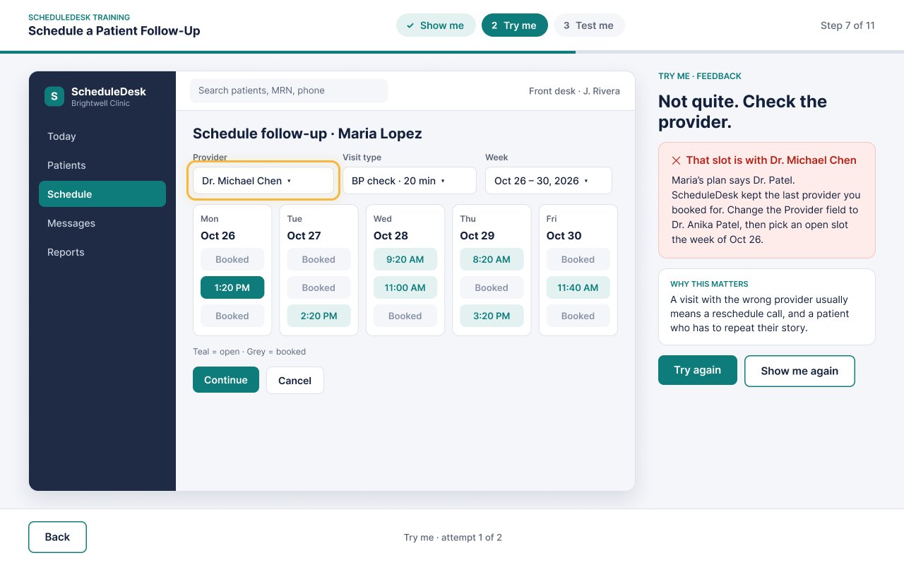 Try me feedback when the learner books with the wrong provider