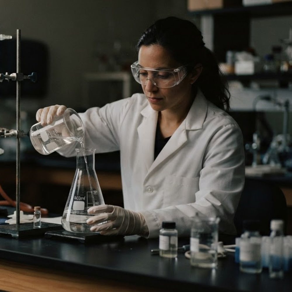 A lab technician in safety goggles pouring a liquid into a flask